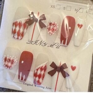 Press On Nails Red Bow Diamond Harlequin‎ Design Fake Nails